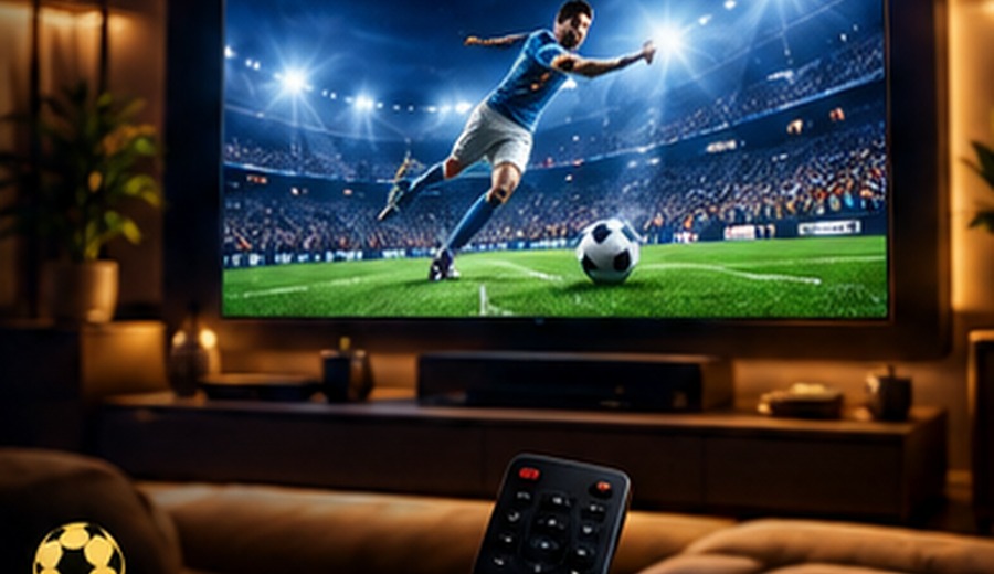 Large television showing an exciting football match in a warm modern living room
